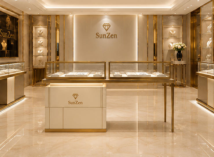 Real Installation Shot In Minimalist Medium-Sized Fashion Jewelry Boutique Central Zone