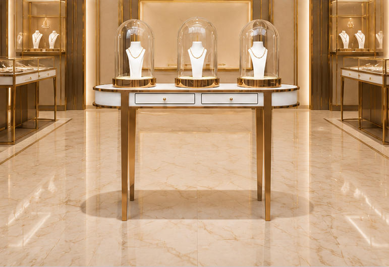 Real Installation Shot Of Rose Gold Frame Two Drawer Oval Jewelry Triple Dome Display Console In White Light Luxury Fine Jewelry Boutique Entrance Long Window VIP Reception Wall Focal Zone