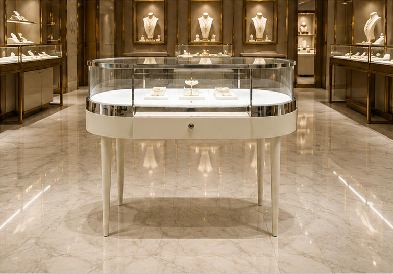 Real Installation Shot Of Silver Edge Oval Glass Jewelry Oval Display Desk In Minimalist White Light Luxury Fine Jewelry Boutique Window Independent Consultation Corner Focal Zone