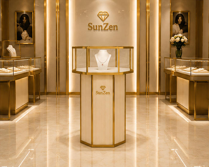 Real Installation Shot In Minimalist Light Luxury Fine Jewelry Boutique Window Front