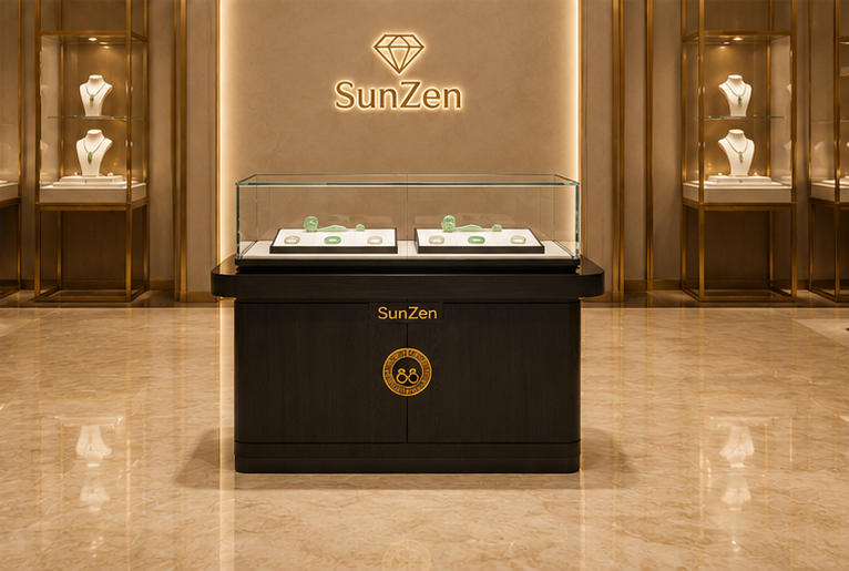 Real Installation Shot In Mini New Chinese Jade Jewelry Shop & Mall Small Jade Booth Central Zone