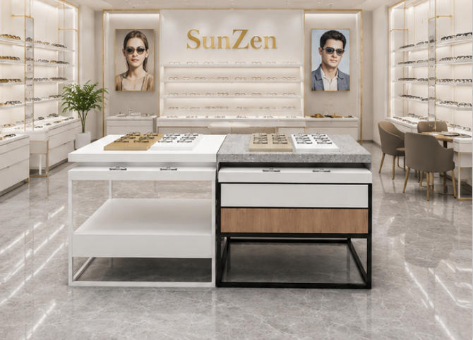 Full front render shot two-tone split mix material optical island inside minimalist modern optician boutique