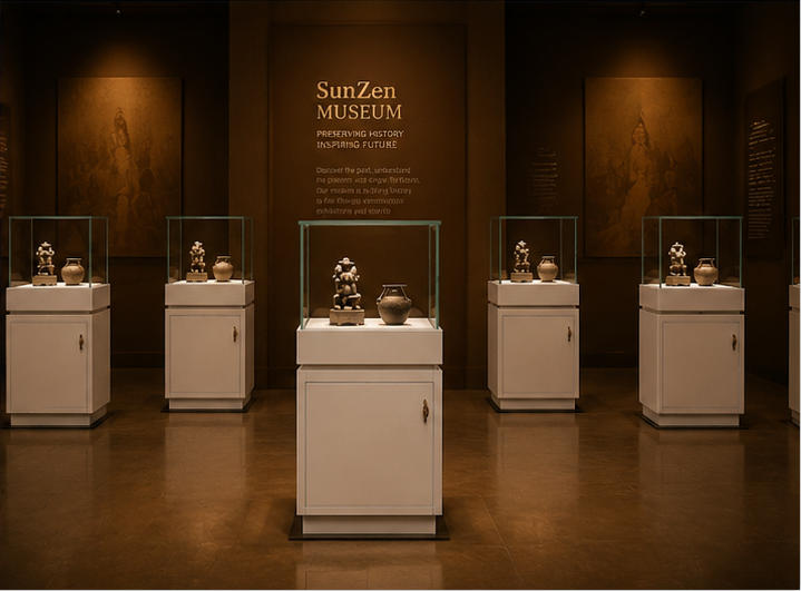On-site render square storage vitrine compact pedestal unit mixed antique relic cabinet installed in comprehensive antique culture museum exhibition hall