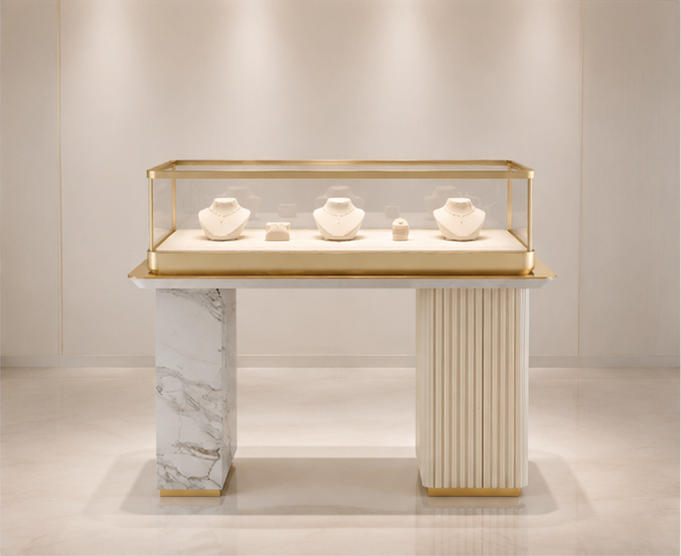 Mixed pillar jewelry table marble ribbed dual-side gold trim glass cabinet