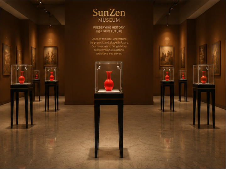 On-site render four leg vitrine mini cube glass unit red vase relic cabinet installed in modern ceramic art museum exhibition aisle