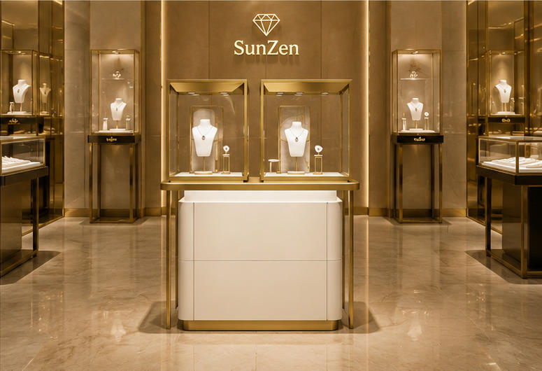 Real Installation Shot In Modern Light Luxury High-End Fine Jewelry Flagship Store Central Long Sales Aisle Zone