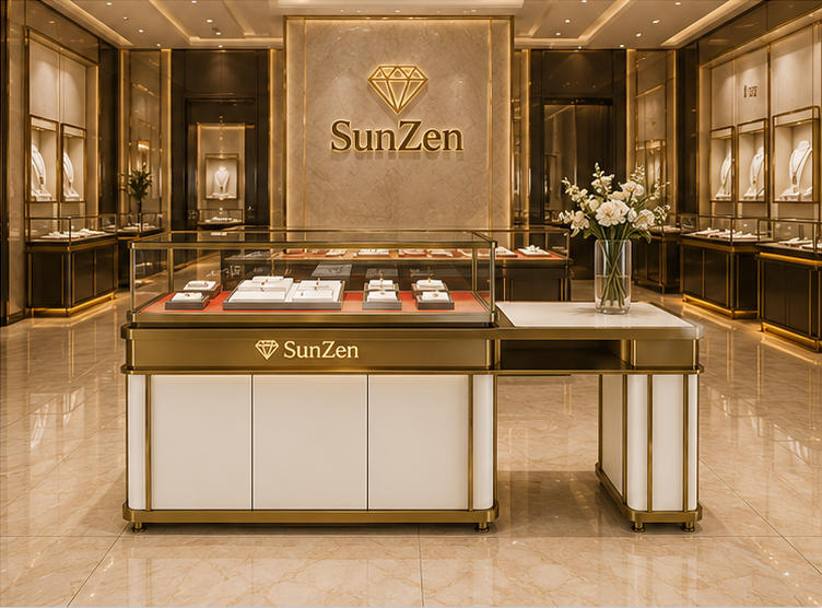 Real Installation Shot In Modern Light Luxury Fashion Jewelry Boutique Entrance Front Desk Zone