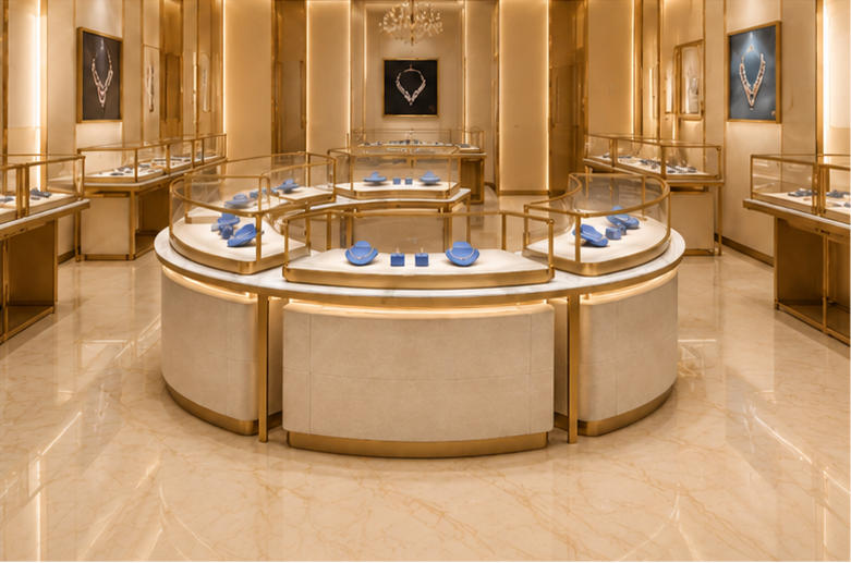 On-site Installation Shot Of Circular Modular Jewelry Island Showcase In Mall Jewelry Boutique