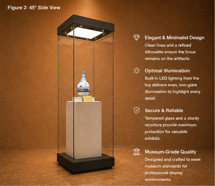 Feature close-up of four-sided UV low-iron glass, top integrated LED light panel, solid monolithic museum riser inside square relic display tower