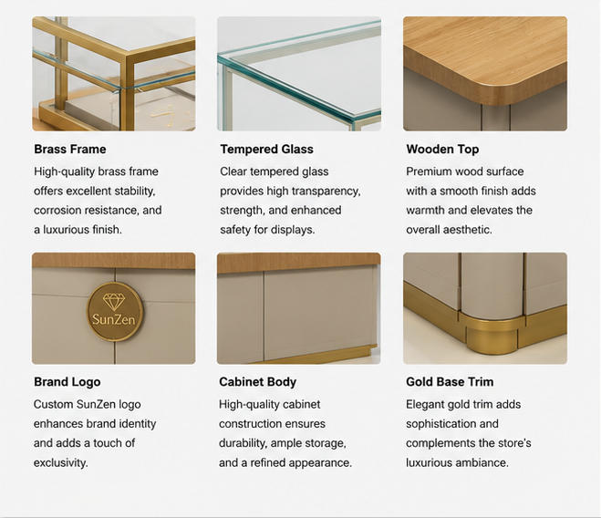 Material & Craft Close-up of Wood Top Multi Compartment Gold Frame Jewelry Island Counter