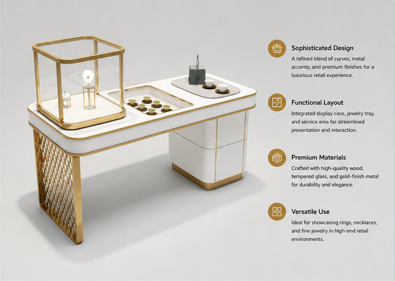 45 Degree Full Render of Hollow Carved Gold Leg White Three-Zone Integrated Jewelry Multi-function Display Table