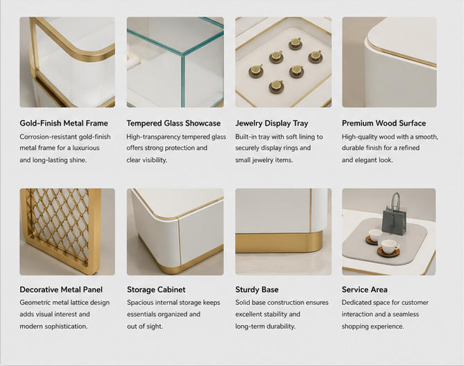 Material & Craft Close-up of Hollow Carved Gold Leg White Three-Zone Integrated Jewelry Multi-function Display Table