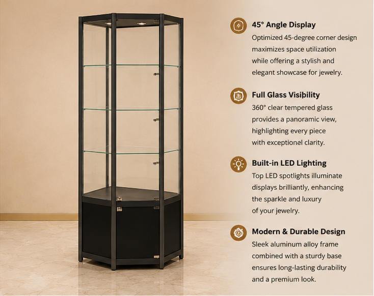 Hex Multi-Layer Jewelry Corner Showcase Black Frame Tall Glass Cabinet Render