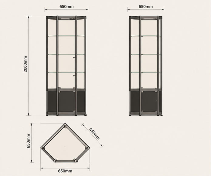 Hex Vertical Outline & 3-Tier Glass Shelf Mechanical CAD Drawing