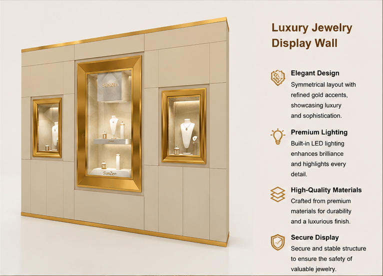 Close-up three different size gold recess frames, white stepped layered display shelves, built-in soft anti-glare wall light inside triple recess wall vitrine gold trim panel wall