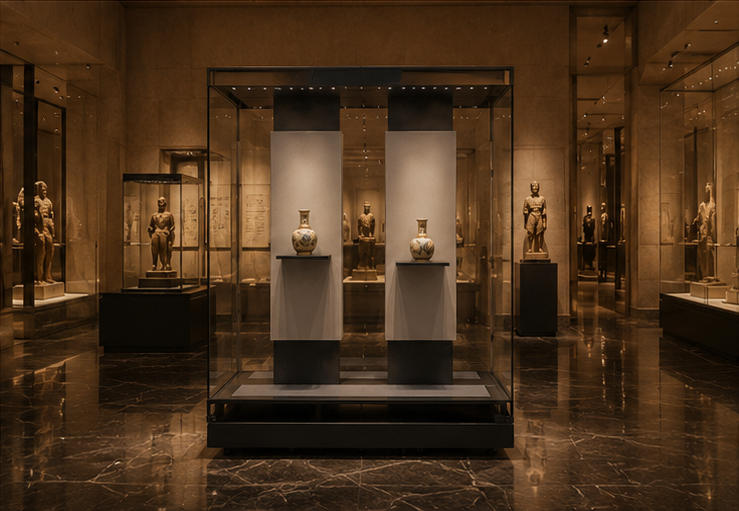 On-site Installation Shot Of Wide Dual Wing Hydraulic Museum Exhibit Case In Cultural Museum