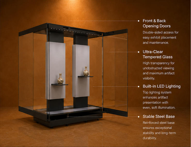 Museum Exhibit Case Dual Wing Hydraulic Showcase Wide Version Render