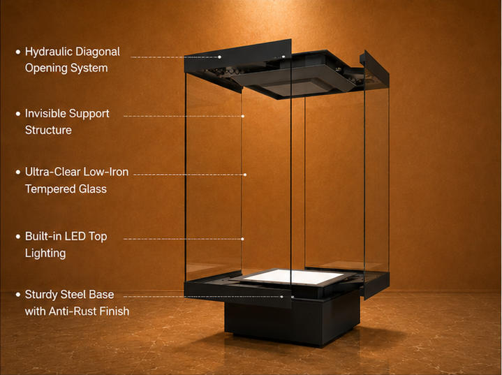 Custom Museum Display Cabinet Diagonal Hydraulic Showcase Render