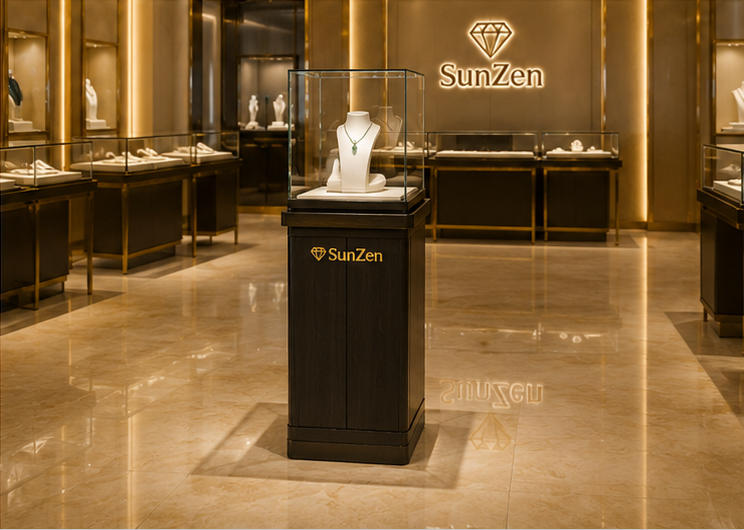 Real Installation Shot In New Chinese Light Luxury Jade Fine Jewelry Boutique Storefront Window & Entrance Corner Focal Zone