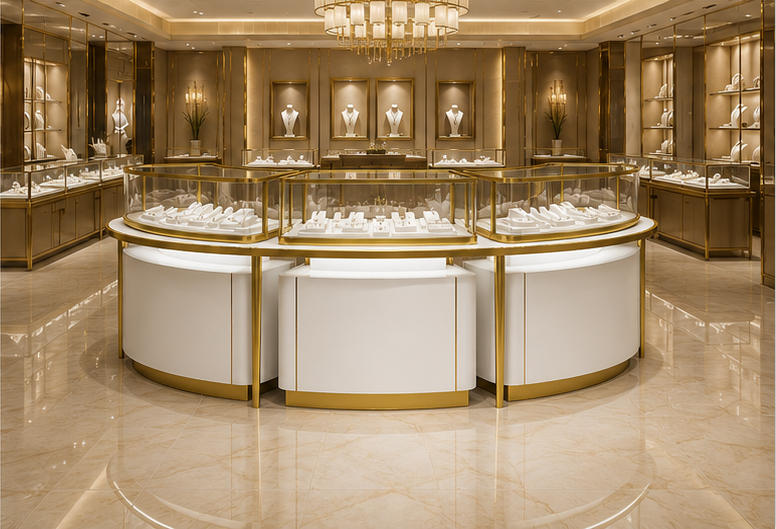 Real Installation Shot Of Three-unit Arc Modular Jewelry Curved Combined Display Island In White Ocean Light Luxury Fine Jewelry Flagship Store Central Core Exhibition Zone