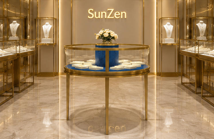 Real Installation Shot In Ocean Themed Light Luxury Fine Jewelry Flagship Store Central Core Landmark Display Zone