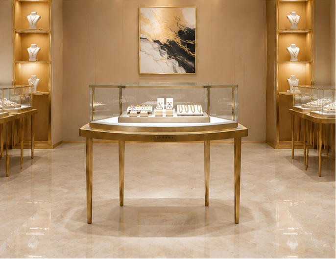 Octagon gold leg jewelry table placed as central island inside luxury boutique