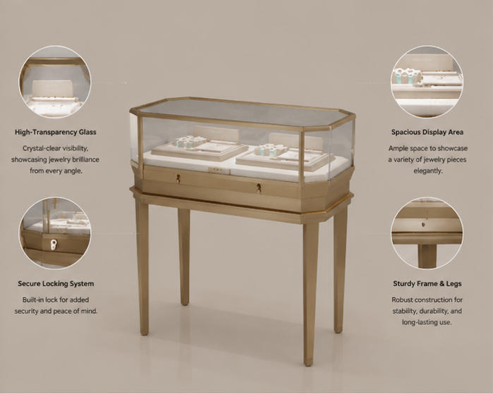 Structure diagram of four tapered leg octagon ring display showcase with storage drawer