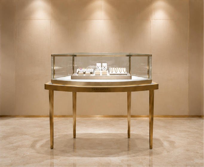 Octagon jewelry table with four thin gold legs octagonal glass counter