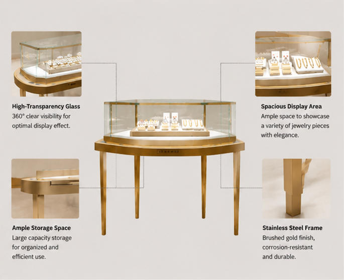 Feature diagram of four-leg octagonal central display fixture with glass case