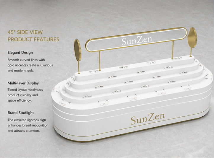 45° oblique view multi-step oval eyewear kiosk gold branded backlit rack selling feature labels