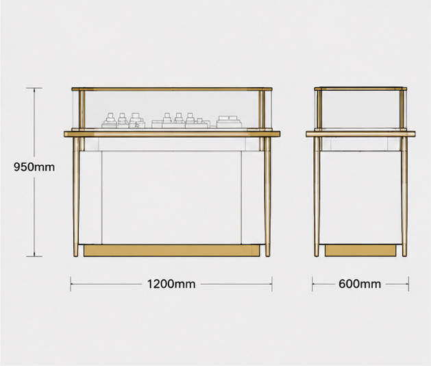 CAD layout drawing of oval front jewelry counter gold frame glass kiosk low profile display island dimension marking