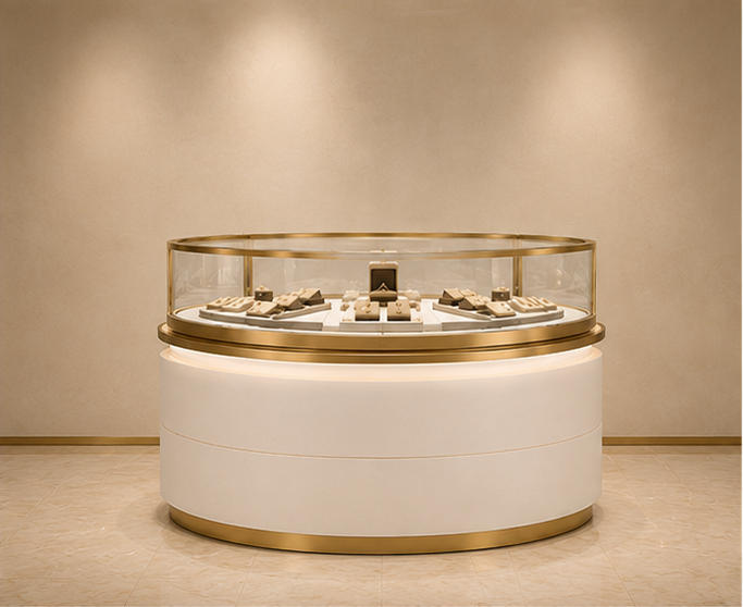 Oval glass jewelry showcase with gold trim, lit base, and enclosed display for fine jewelry