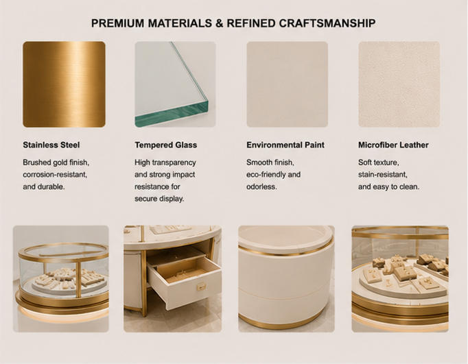 Close-up of gold trim, glass enclosure, and lit base materials for oval jewelry display