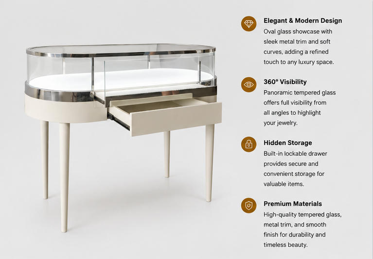 45 Degree Full Render of Silver Edge Oval Glass Four Slim Leg Pull-out Drawer Jewelry Oval Display Desk