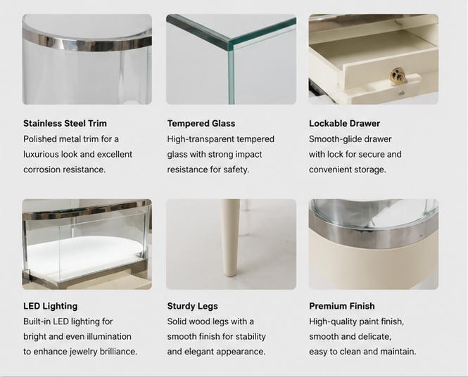 Material & Craft Close-up of Silver Edge Oval Glass Four Slim Leg Pull-out Drawer Jewelry Oval Display Desk