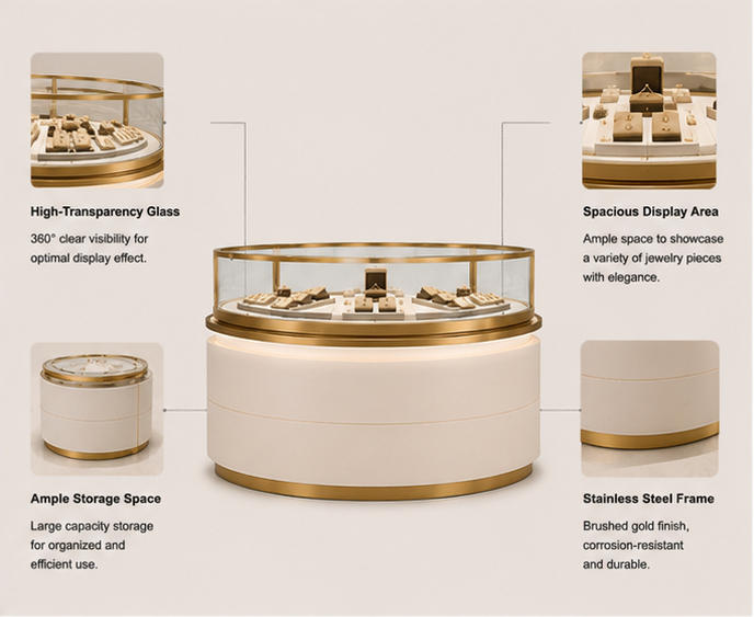 Features diagram of gold trimmed oval jewelry counter with glass enclosure and LED lighting