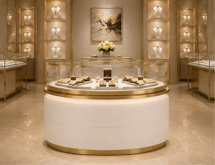 Oval glass jewelry showcase applied in a luxury jewelry boutique