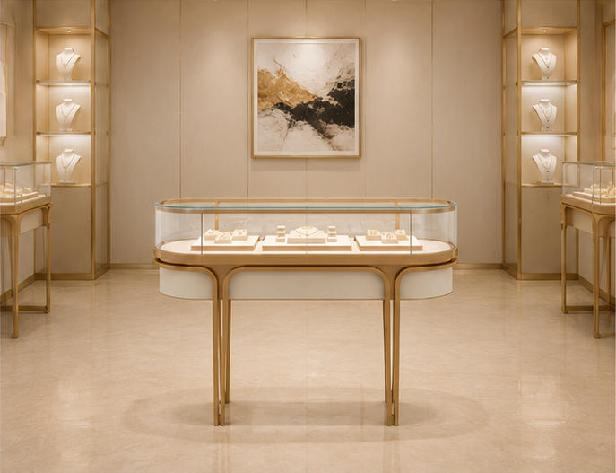 Single oval cabinet inside luxury jewelry boutique