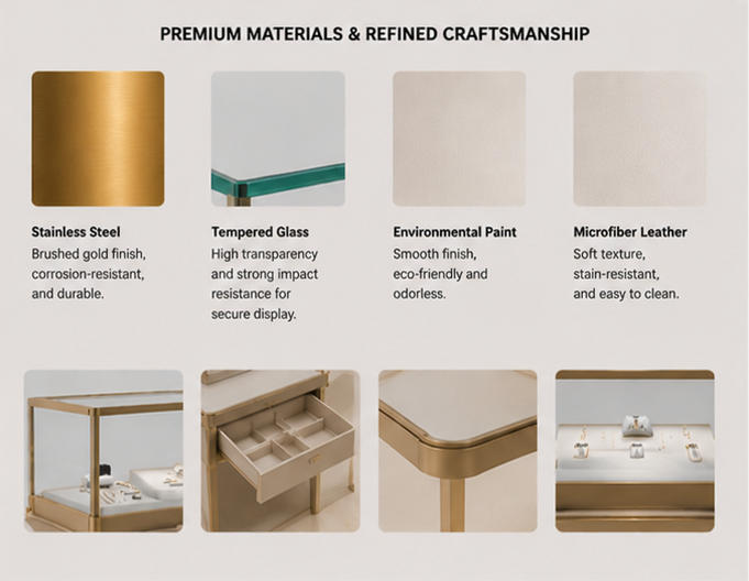 Close-up thin gold legs, paired alloy frame & tempered glass of dual jewelry fixture