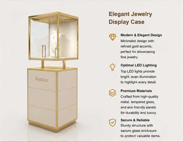 Close-up dot perforated ceiling spotlight panel, twin gold support posts, square gold-framed UV glass cabinet with necklace bust inside split tier gem pedestal dual post display booth