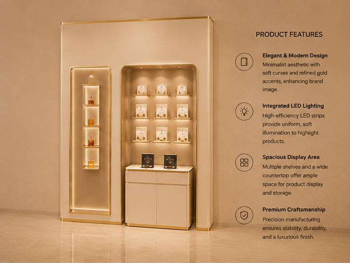 45 degree side view luxury perfume wall cabinet with English feature introduction labels
