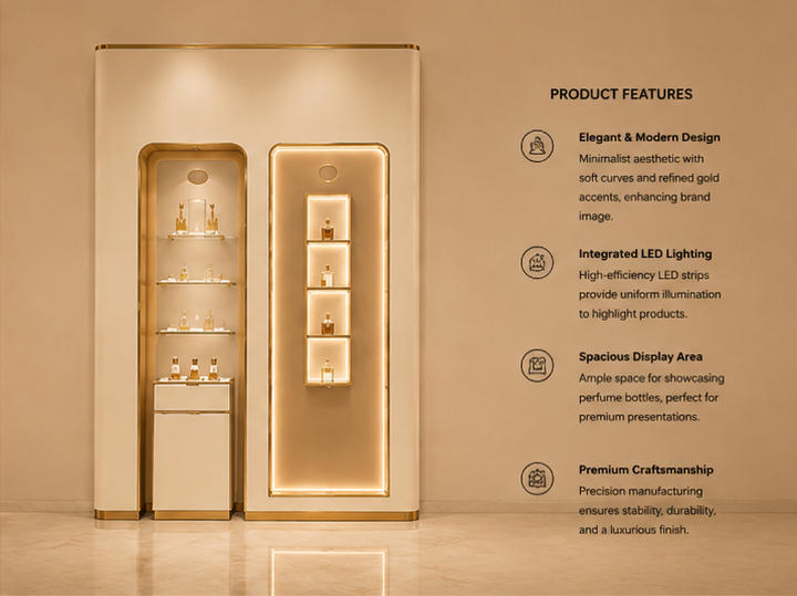 45° shot gold edge vitrine salon fragrance rack display wall