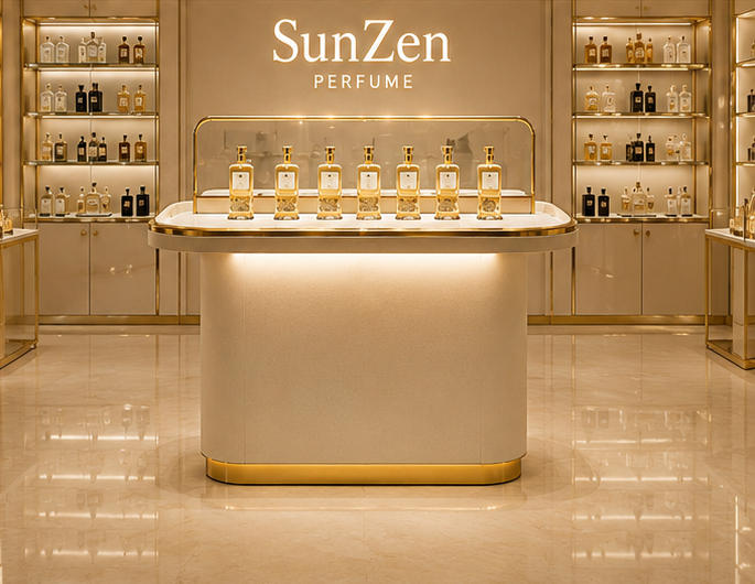 Front real shot oval gold trim backlit perfume display counter inside premium perfume boutique