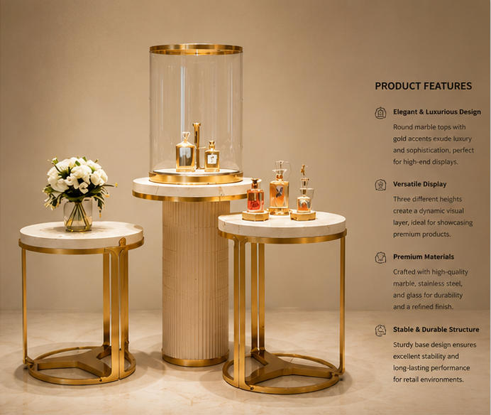 45° oblique view luxury fluted pedestal perfume focal display set selling feature labels