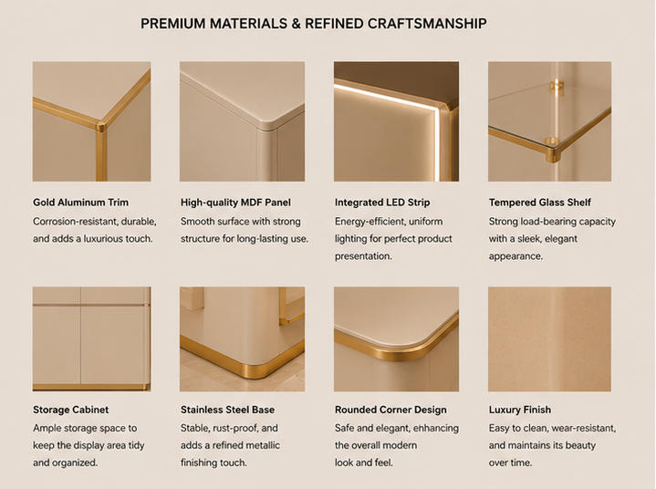 Material characteristic diagram gold frame LED glass panel texture for perfume vitrine