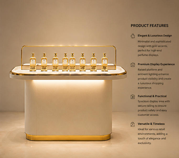 45° oblique view backlit cream luxury scent kiosk gold rail guard perfume showcase feature labels