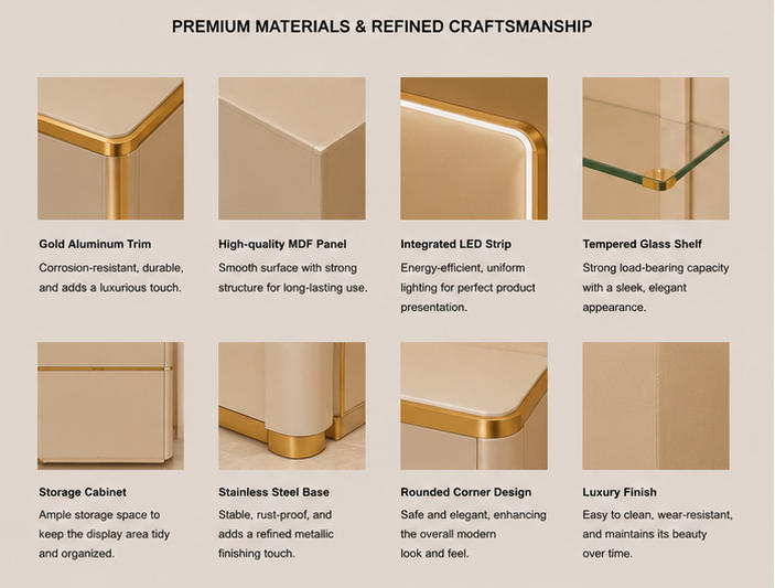 Close-up gold stainless steel trim, warm LED strip, matte leather panel for vertical perfume vitrine