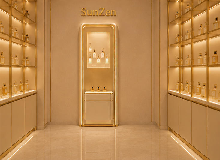 Front full real shot tall recessed backlit perfume cabinet installed inside niche perfume boutique