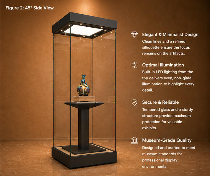 Feature close-up of four-sided UV tempered glass, top embedded LED light panel, central pillar elevated relic display riser inside slim vertical museum booth