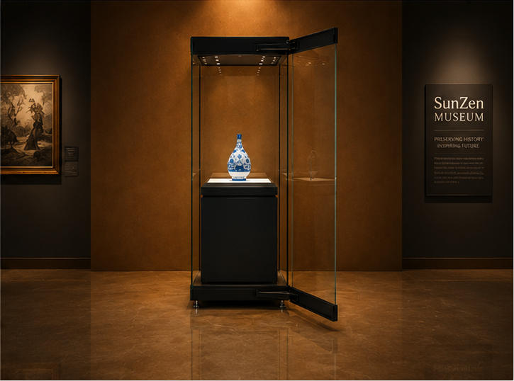 On-site render single vase vitrine top spotlight tall unit ceramic relic display cabinet placed in ancient porcelain museum exhibition hall